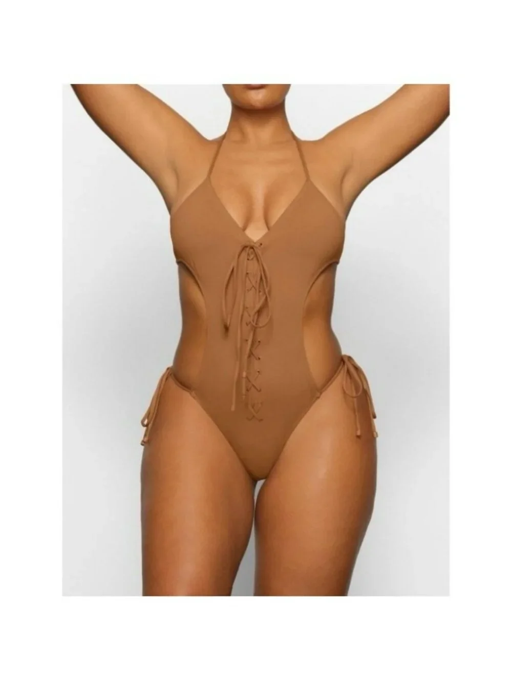 NWT Skims Signature Swim Lace Up Monokini Almond Large Sustainable